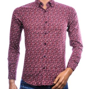 BIBLOS UOMO bordeaux overhemd heren met fijne bloemenprint en Slim Fit pasvorm.