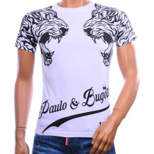 BY BUGOTTI wit heren T-shirt met tijgerprint op de schouders, zwarte steentjes en Paolo & Bugotti-opdruk