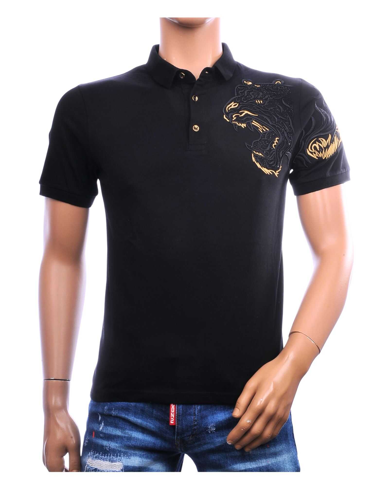 CI-BORG heren polo slim fit zwart met zwart-gouden tijgerborduursel en steentjes