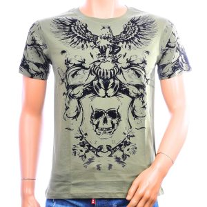CI-BORG T-shirt heren khaki met fluwelen skull en adelaar print – herenmode Nijmegen