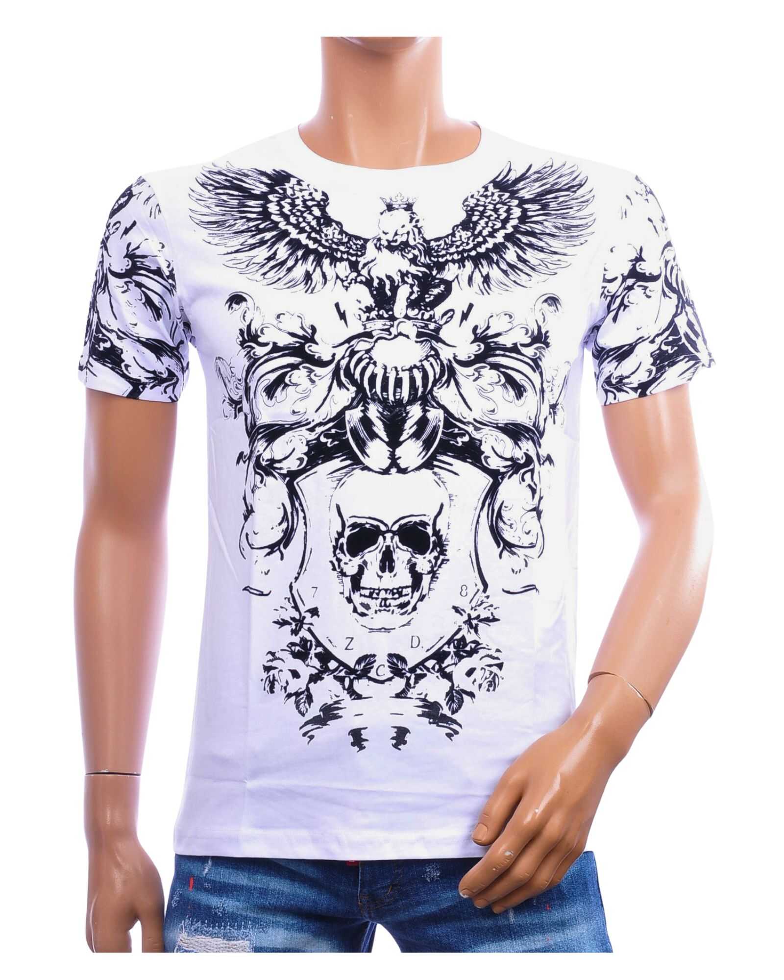 CI-BORG T-shirt heren wit met skull en adelaar fluweelprint – herenkleding Nijmegen