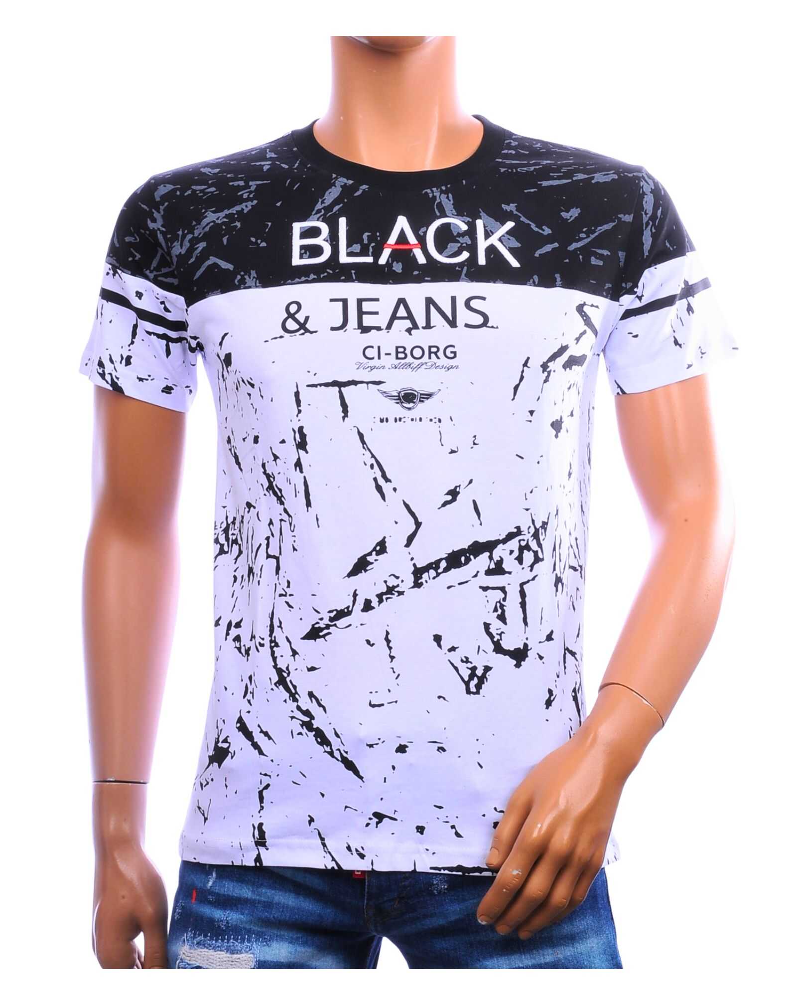 CI-BORG wit T-shirt heren slim fit met zwart Black & Jeans design