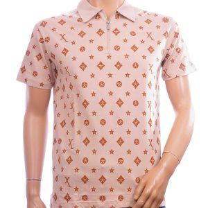 CONTOUR Heren Polo Met Rits en All-Over Print – Regular Fit - Beige