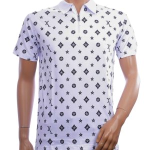 CONTOUR heren polo met rits wit met geometrische all-over print – herenkleding Nijmegen