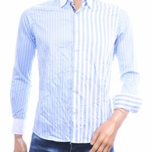 CORRINO lichtblauw gestreept heren overhemd Slim Fit met witte contrastkraag en witte manchetten van 100% katoen