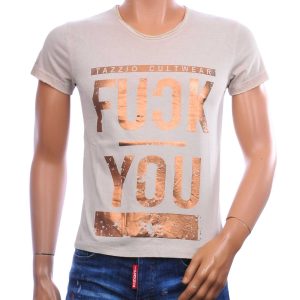EMI MAY heren T-shirt beige vintage met metallic goudkleurige statementprint