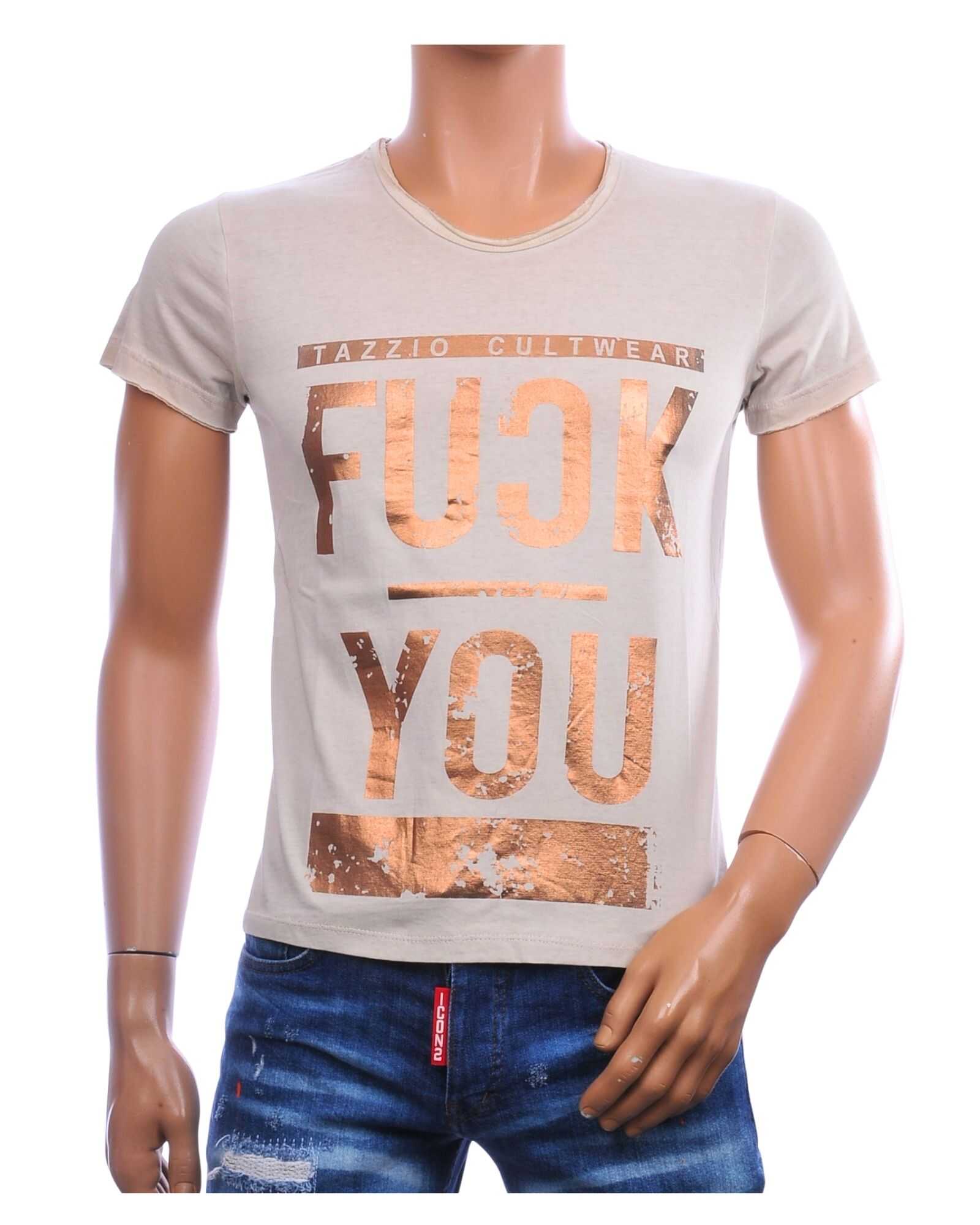 EMI MAY heren T-shirt beige vintage met metallic goudkleurige statementprint