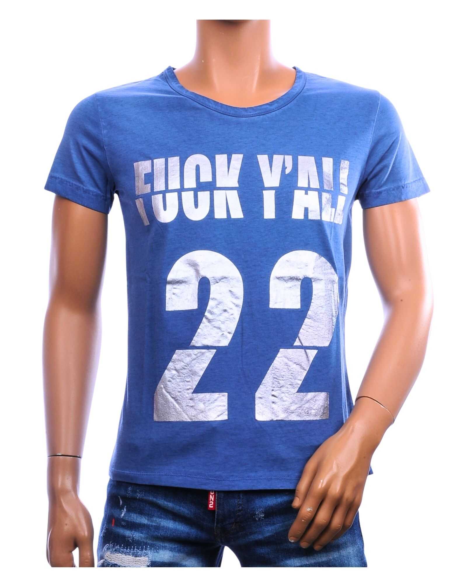 EMI MAY vintage T-shirt heren blauw met zilverkleurige 22 statementprint