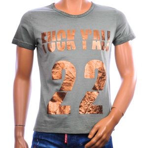 EMI MAY vintage T-shirt heren khaki met goudkleurige 22 statementprint