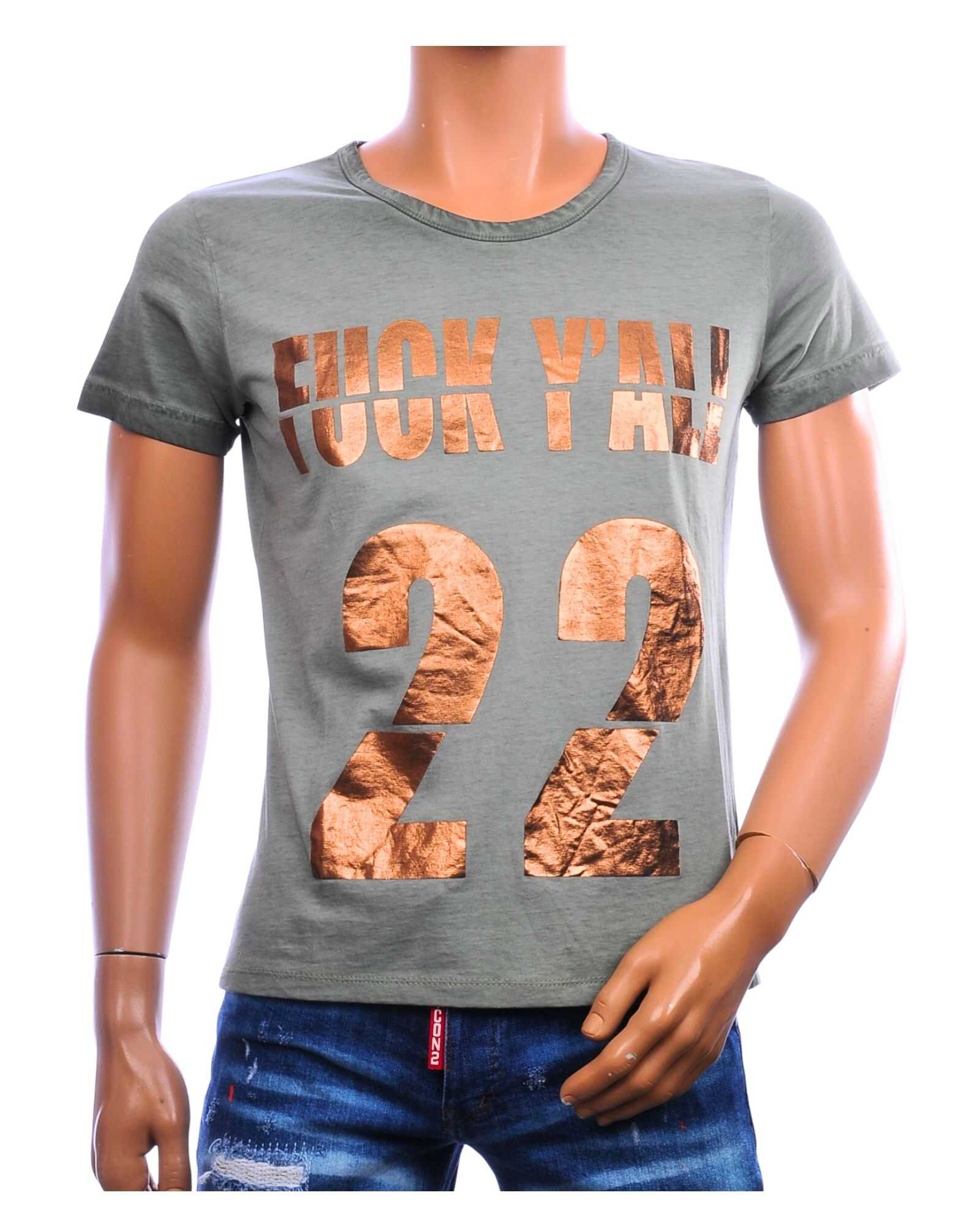 EMI MAY vintage T-shirt heren khaki met goudkleurige 22 statementprint