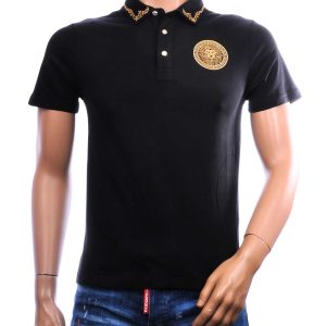 Les Designers zwarte herenpolo met gouden leeuwenkopbadge en luxe Italiaanse details op de kraag