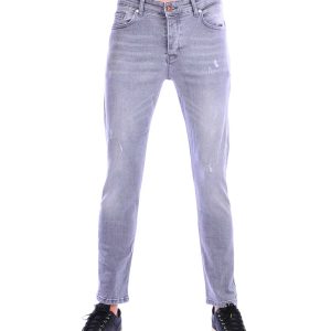 MONTFLEURI grijze heren jeans Slim Fit stretch met gewassen damaged look – voorkant