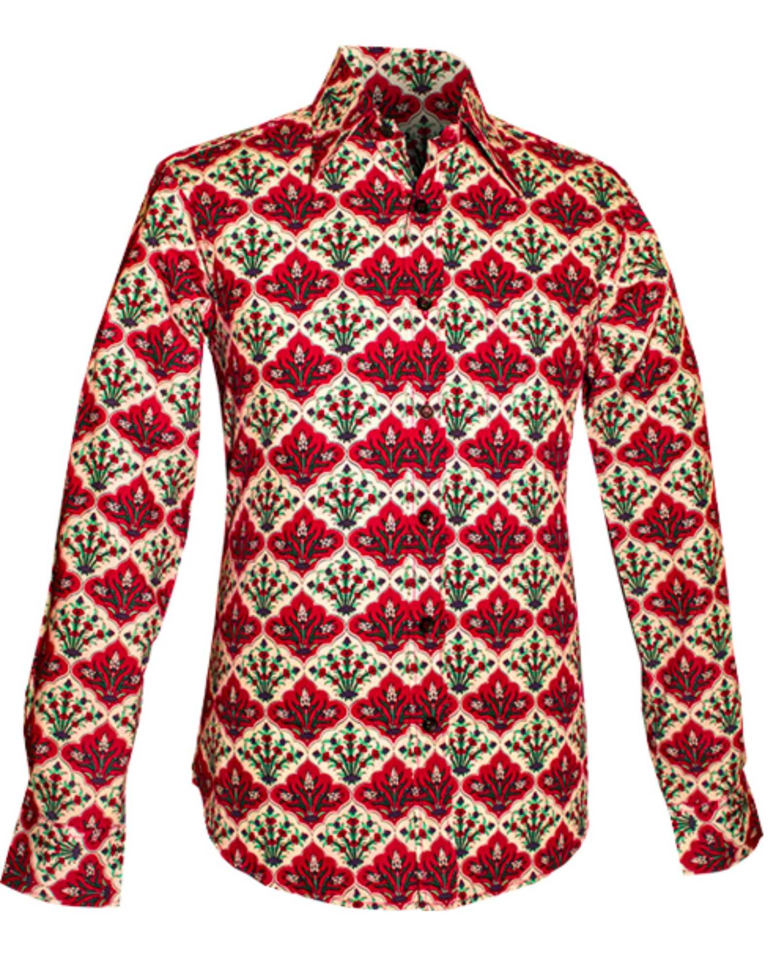 CHENASKI heren overhemd bloemenprint rood met groen Oosters dessin
