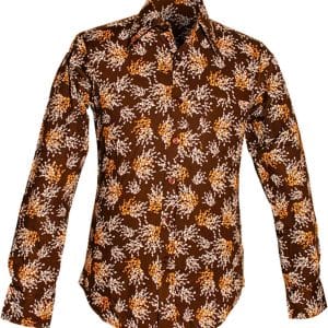 CHENASKI retro overhemd heren bruin met bloemen- en bladerendessin