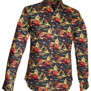 CHENASKI retro overhemd heren donkerblauw met Oosterse all-over print