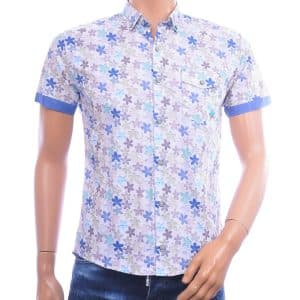 COMPANEROS overhemd korte mouw heren beige met blauwe bloemenprint