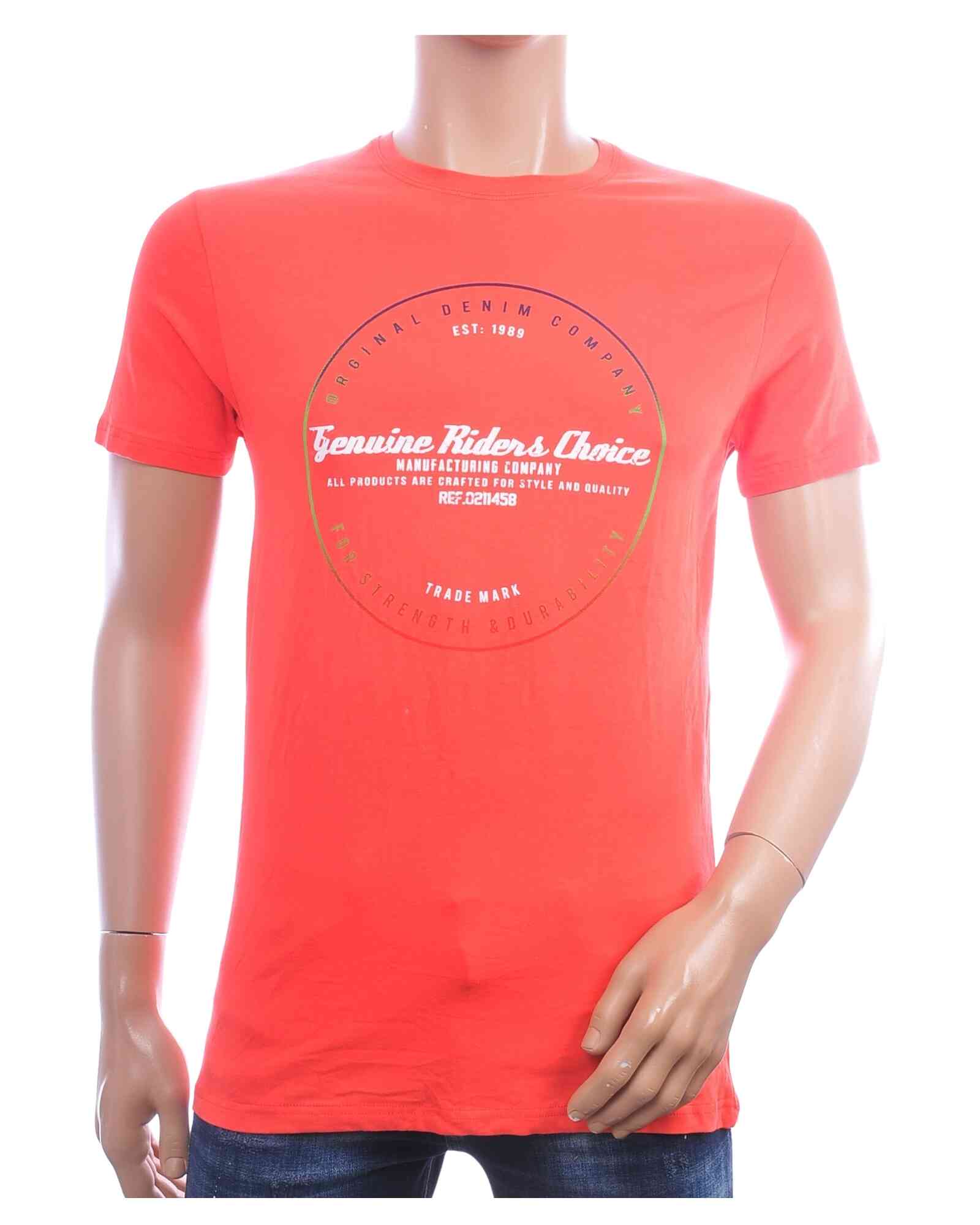 Oranje T-shirt heren ENJOY YOUR LIFE met ronde Genuine Riders print