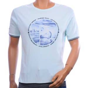 MCL heren T-shirt mintgroen met marine print en zwart-witte boorden