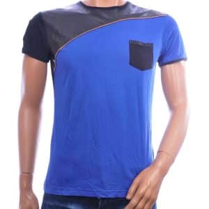 ReRock kobaltblauw T-shirt heren met zwarte borstzak en lederlook detail