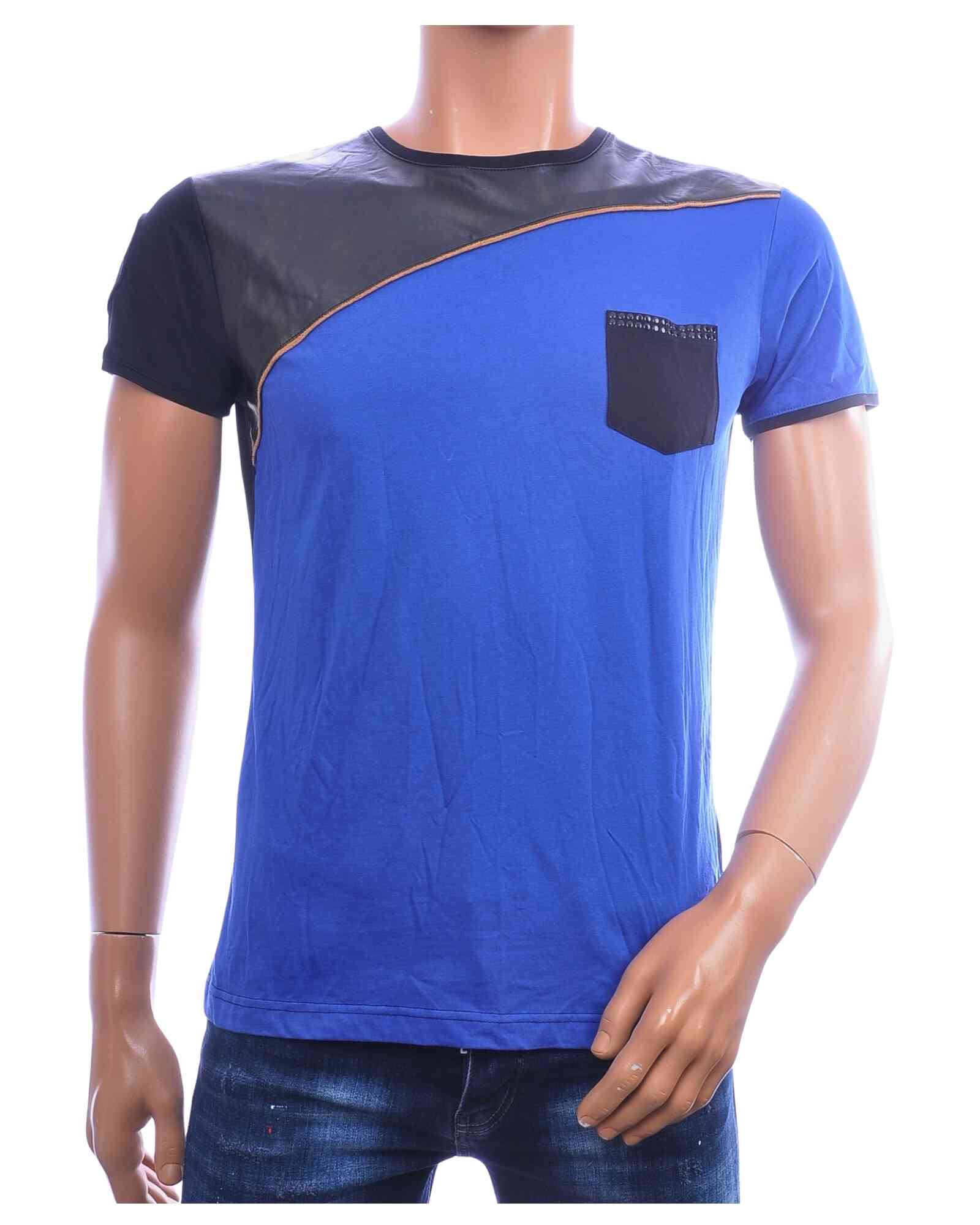 ReRock kobaltblauw T-shirt heren met zwarte borstzak en lederlook detail