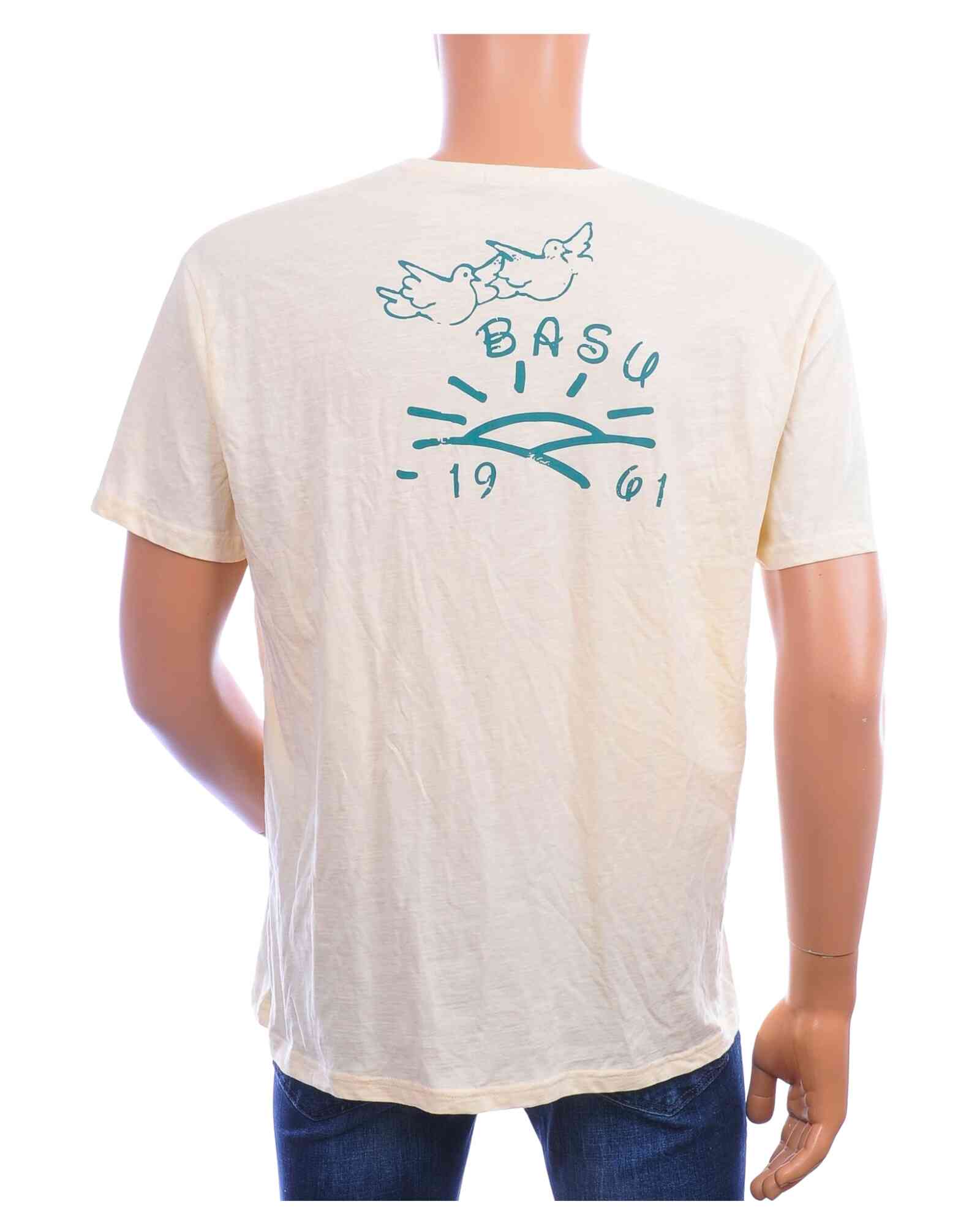 Geel CIRCUS RED heren T-shirt achterkant met vredesduiven en opkomende zon
