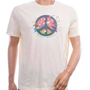 CIRCUS RED geel T-shirt heren met kleurrijk vredessymbool en vredesduiven