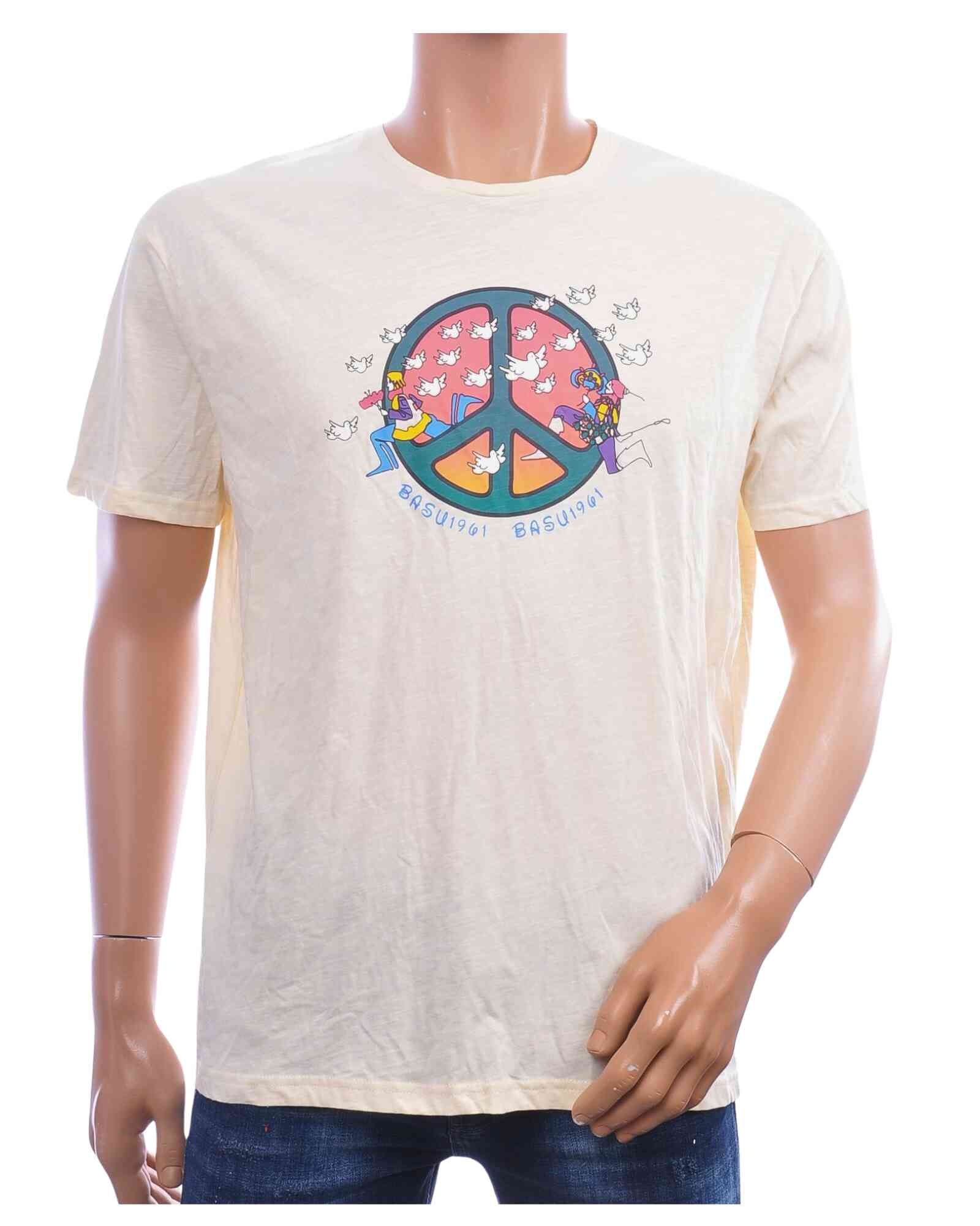 CIRCUS RED geel T-shirt heren met kleurrijk vredessymbool en vredesduiven