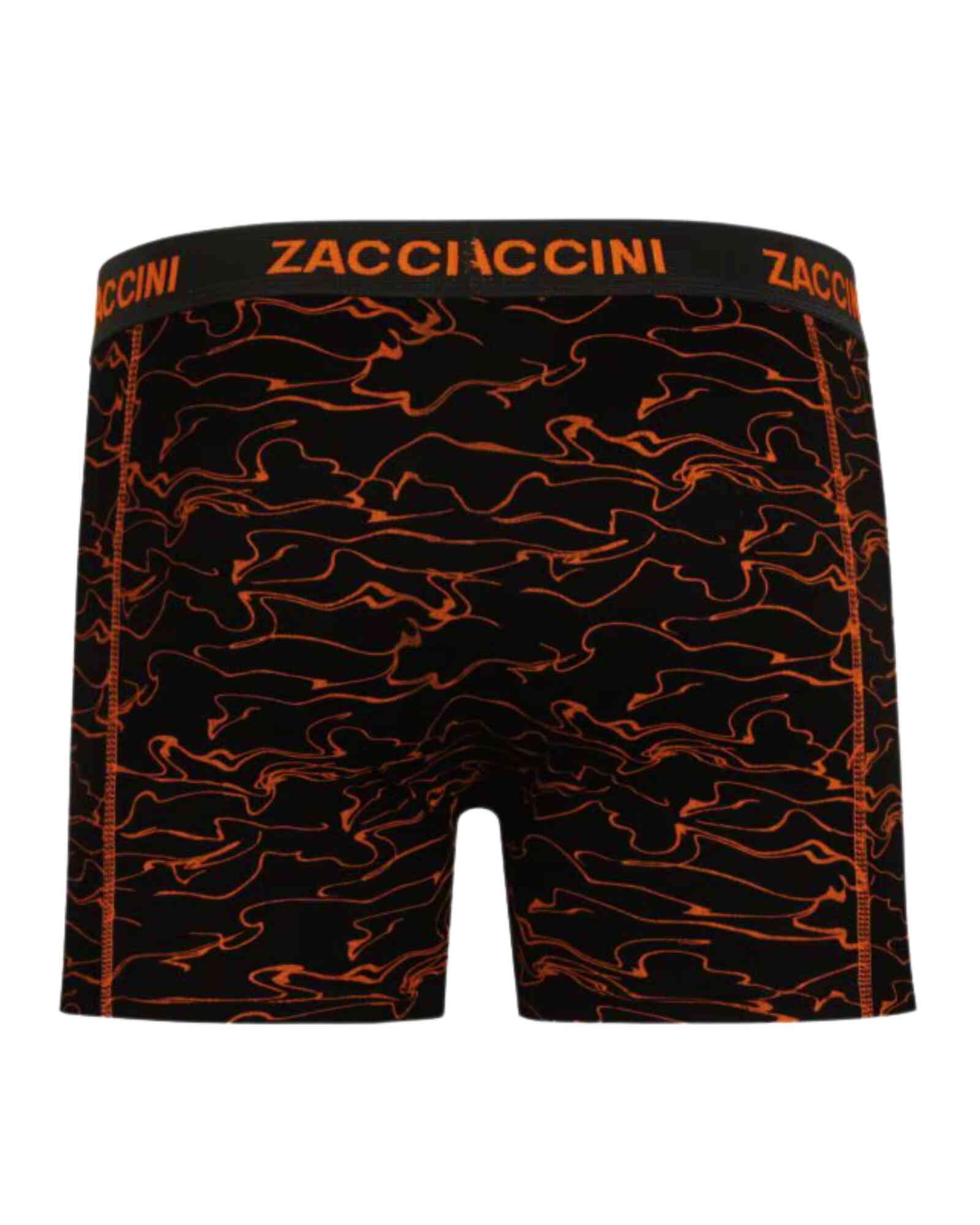 Achterkant ZACCINI zwarte boxershort met doorlopende oranje lavalijnenprint.
