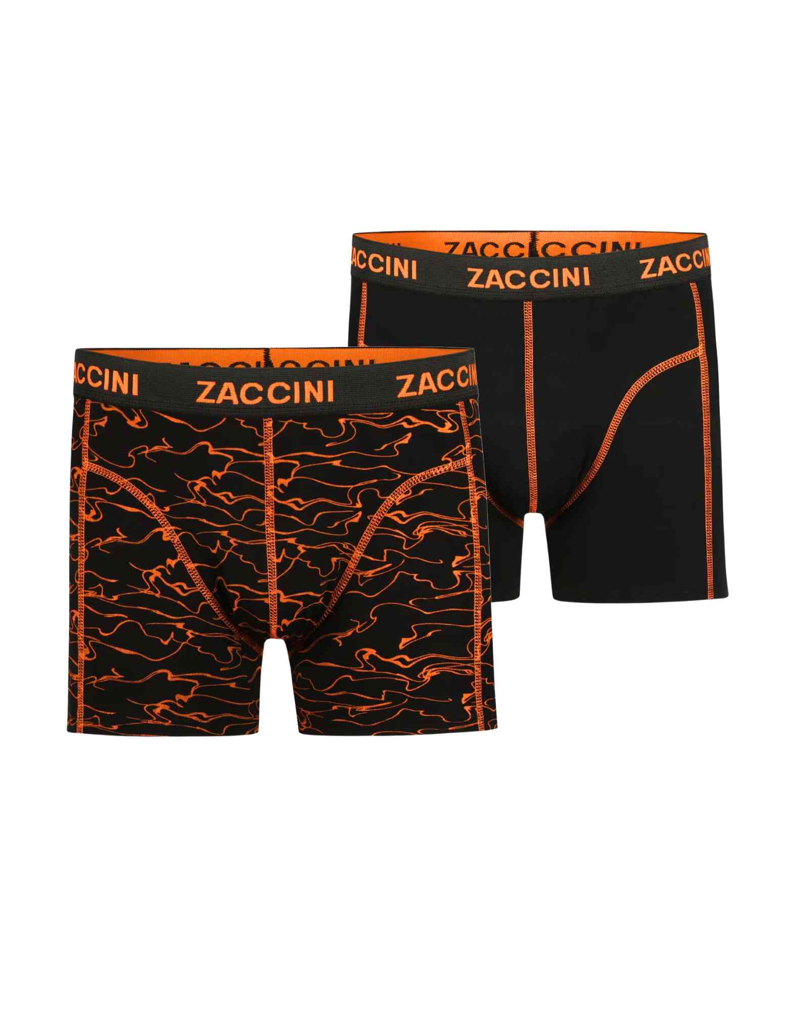 ZACCINI boxershorts heren 2-pack zwart met oranje lavaprint en effen zwarte boxer.