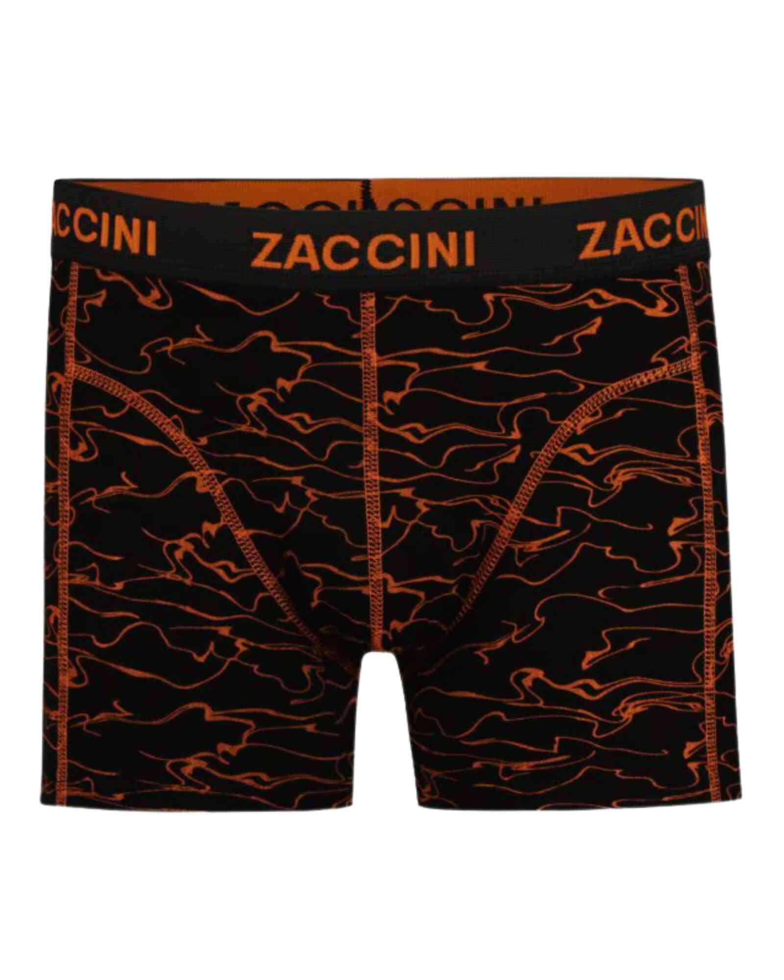 ZACCINI boxershorts heren zwart met oranje abstracte lavaprint, voorkant.