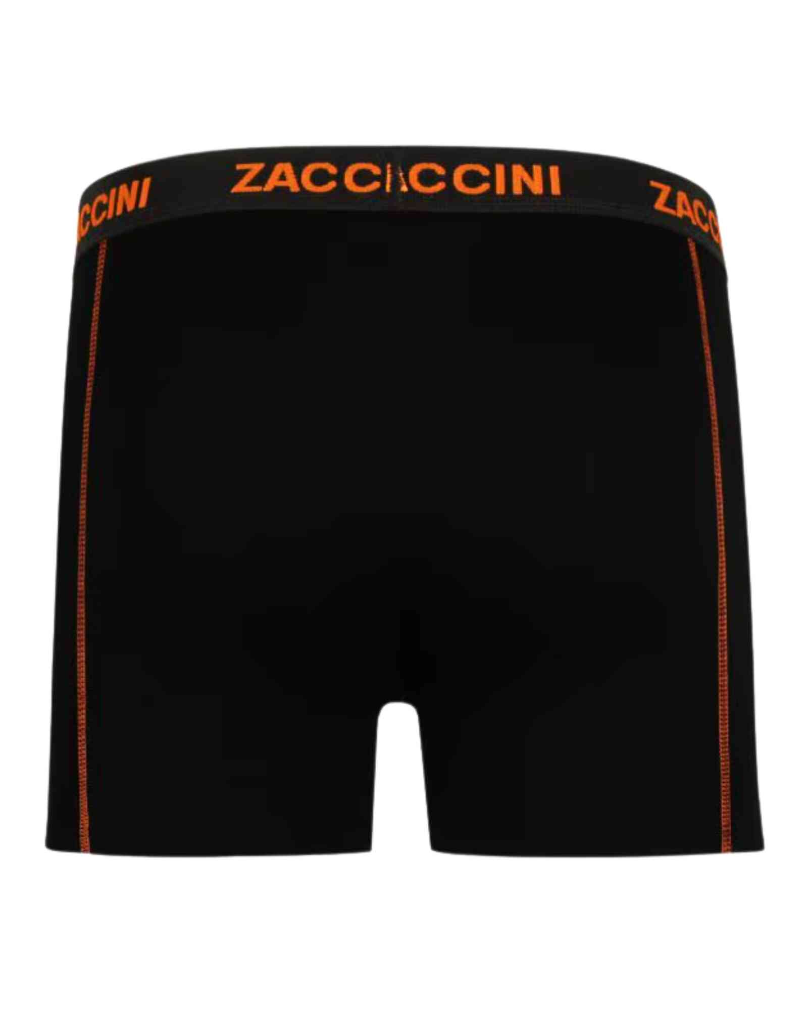 Achterzijde ZACCINI zwarte herenboxer met oranje verticale contrastnaden.